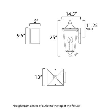 Maxim Lighting 40237CLBK Sutton Place VX 3 Light Black Outdoor Wall Lantern - Dimensions Diagram
