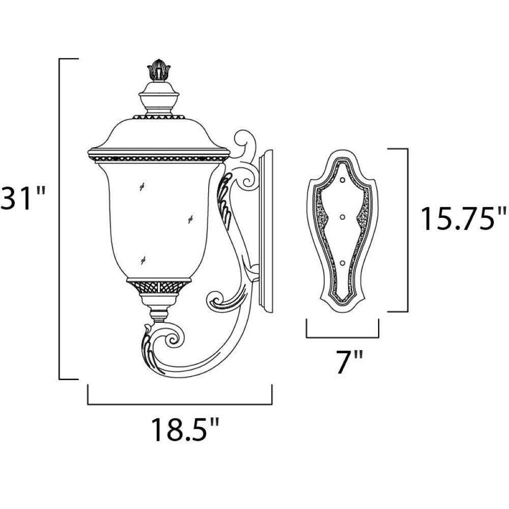Maxim Lighting 40425WGOB Carriage House VX Outdoor Wall Lantern Dimensions - 31 inch height, 18.5 inch width, 15.75 inch back plate height, 7 inch back plate width