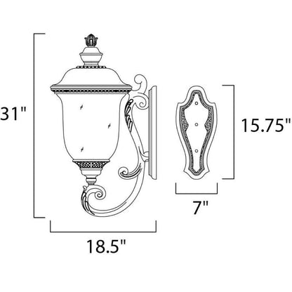 Maxim Lighting 40425WGOB Carriage House VX Outdoor Wall Lantern Dimensions - 31 inch height, 18.5 inch width, 15.75 inch back plate height, 7 inch back plate width
