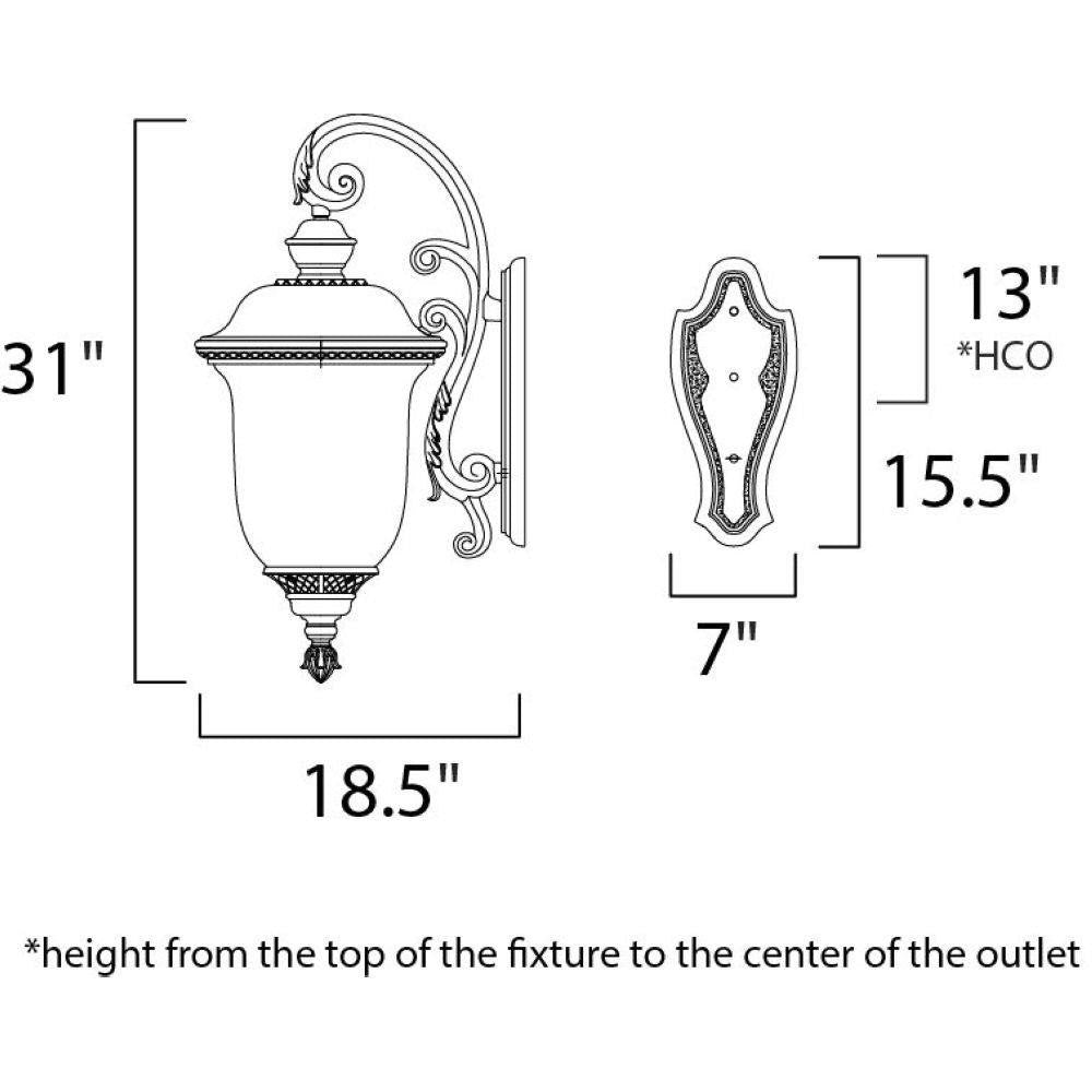 Maxim Lighting 40498WGOB Carriage House VX Outdoor Wall Lantern dimension diagram showing 31 inch height and 18.5 inch width