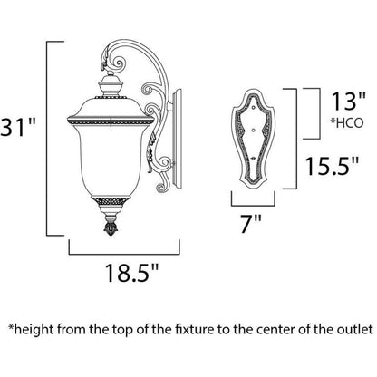 Maxim Lighting 40498WGOB Carriage House VX Outdoor Wall Lantern dimension diagram showing 31 inch height and 18.5 inch width