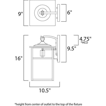 Maxim Lighting 4054HOBU Coldwater Outdoor Wall Lantern - dimensions diagram showing 16 inch height, 10.5 inch width, 9.5 inch extension