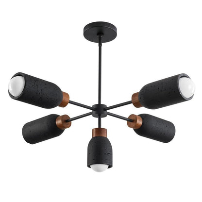 Maxim Lighting 10625TVOY Pompeii 5 Light 36.5 Inch Chandelier with lava rock stone shades and walnut wood accents on black metal frame studio shot