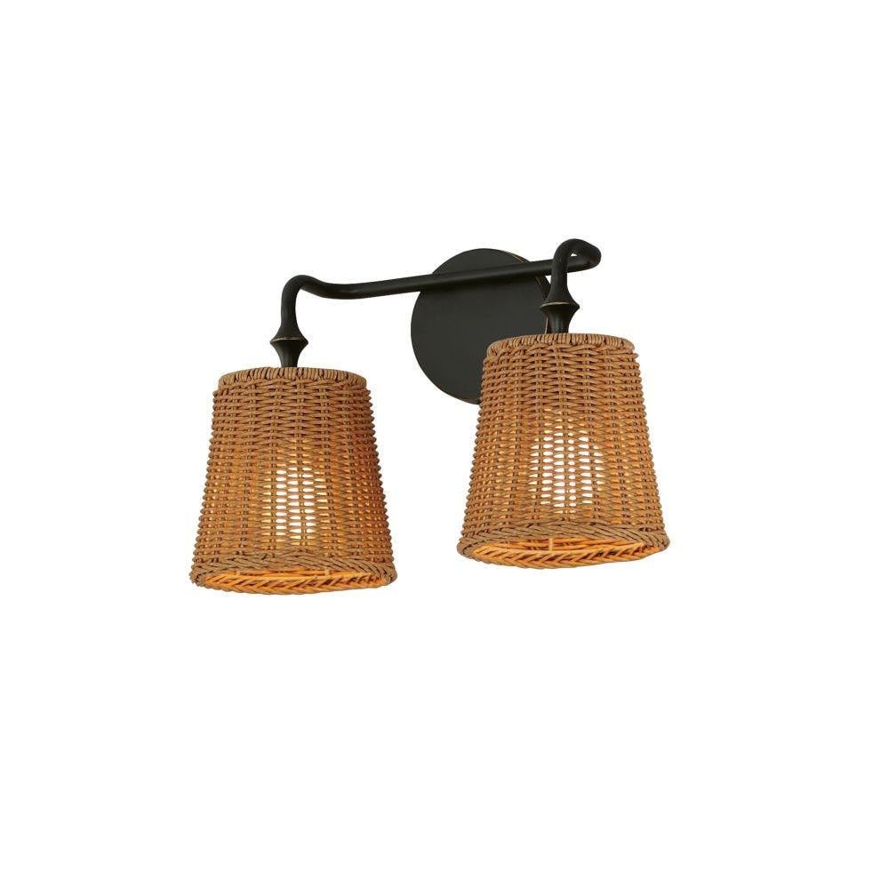 Maxim Lighting 21482NADBZ Baja 2 Light Dark Bronze Bath Vanity Wall Light with Natural Wicker Rattan Shades