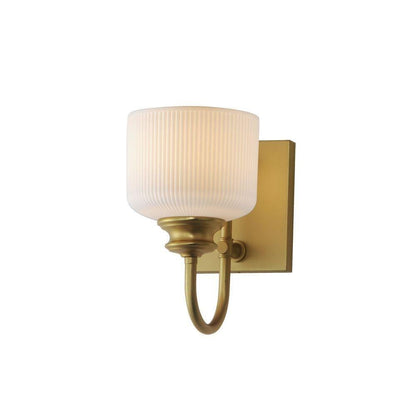 Maxim Lighting 21491WTPN Bisque 1 Light Wall Sconce with Ribbed White Glass Shade and Brass Finish on White Background