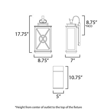 Maxim Lighting 40804CLACPBK Yorktown Vx Outdoor Wall Lantern - Dimension Diagram 17.75 Inch Tall 8.75 Inch Wide