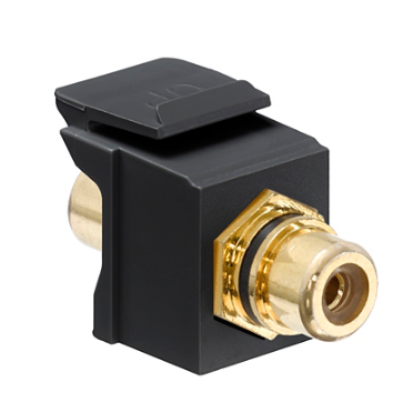 Leviton 40830-BEE RCA Feedthrough QUICKPORT™ Connector, Gold-Plated, Black Stripe, Black Housing