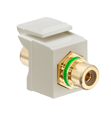 Leviton 40830-BIV RCA Feedthrough QUICKPORT™ Connector, Gold-Plated, Green Stripe, Ivory Housing