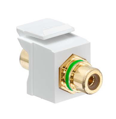 Leviton 40830-BWV RCA Feedthrough QUICKPORT™ Connector, Gold-Plated, Green Stripe, White Housing