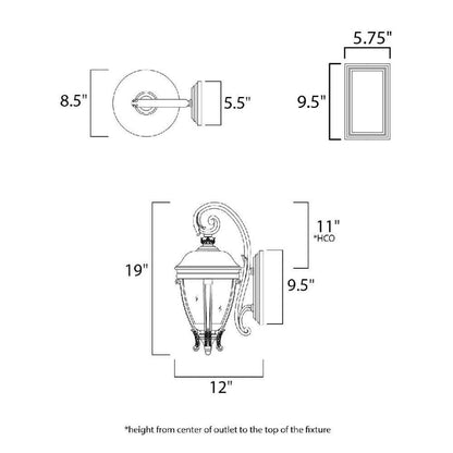 Maxim Lighting 41424WGGO Camden VX Outdoor Wall Lantern Dimensions Diagram