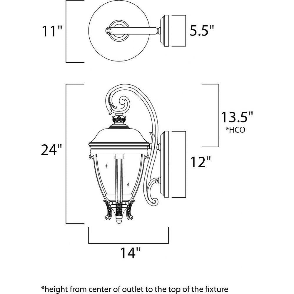 Maxim Lighting 41425WGBK Camden VX 3 Light 24 Inch Black Outdoor Wall Lantern - Dimensions Diagram