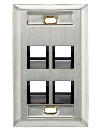 Leviton 43081-1L4 Angled Stainless Steel QUICKPORT Wallplate, Single-Gang, 4-Port, with ID Windows
