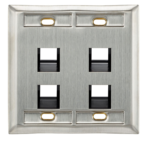 Leviton 43081-2L4 Angled Stainless Steel QUICKPORT Wallplate, Dual-Gang, 4-Port, with ID Windows