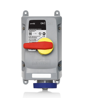Leviton 430MI9WLEVAC 30 Amp, 240 Volt 3-Phase, 3P, 4W, LEV Series North American-Rated IEC 60309-1 & 60309-2 Pin & Sleeve Mechanical Interlock with Factory Installed Auxiliary Contact, Industrial Grade, IP66/IP67/IP68/IP69K, Watertight, Non-Fused - Blue