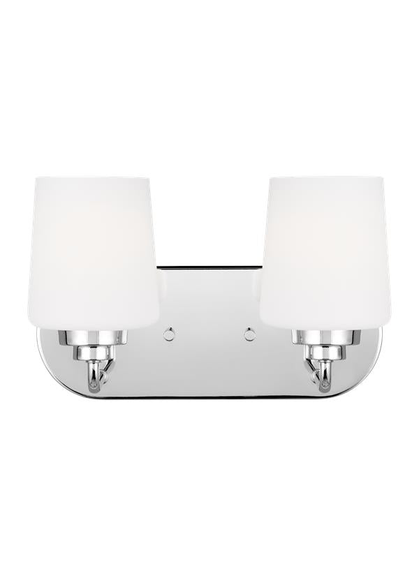 Generation Lighting Windom 2 light chrome bath vanity wall light with white glass shades