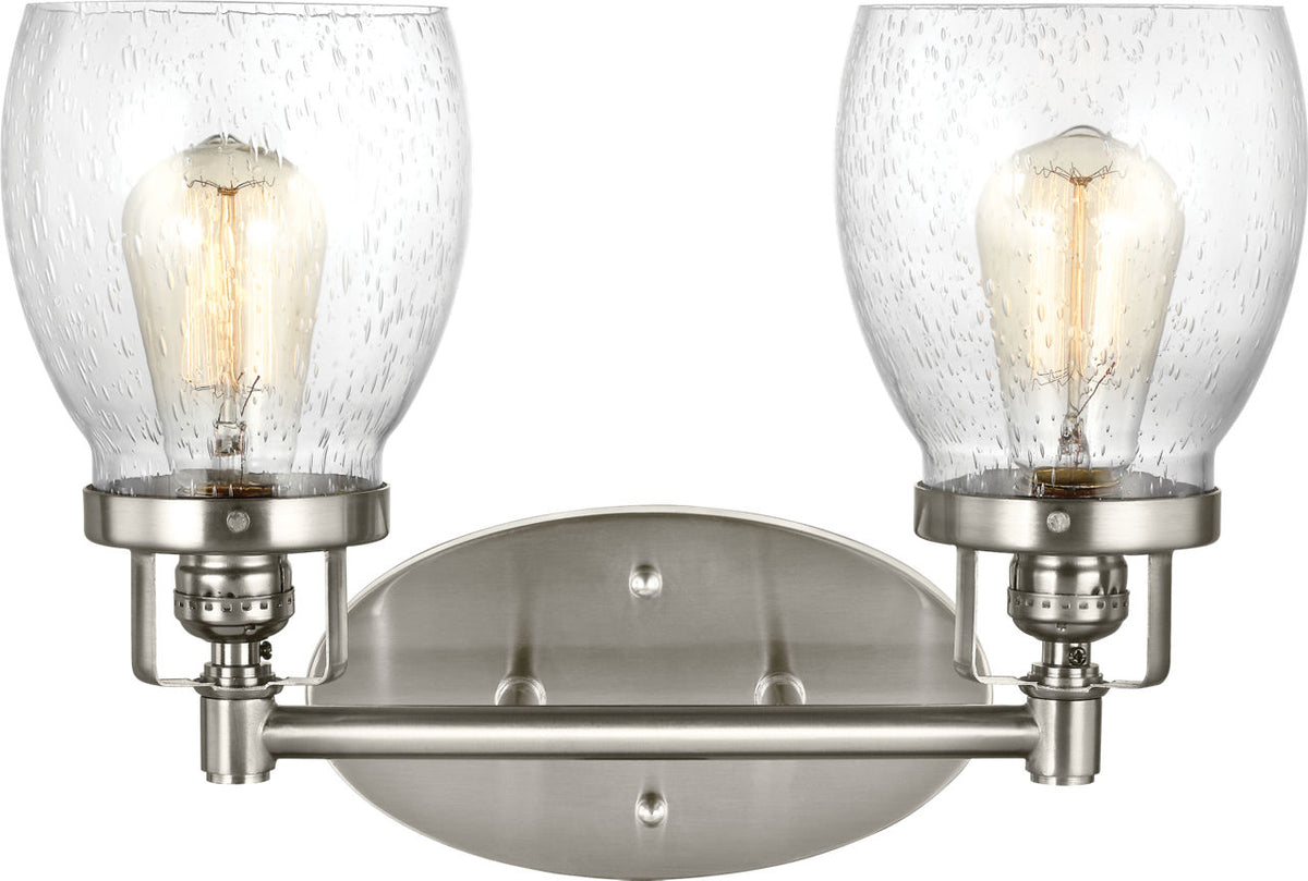 Generation Lighting Belton 2 light brushed nickel bath vanity wall light with clear seeded glass