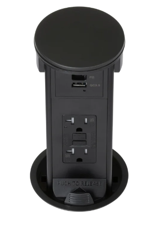 Lew Electric PUR20GACD-BK Round Kitchen Pop Up GFCI Outlet, USB-A/C Charging, Black