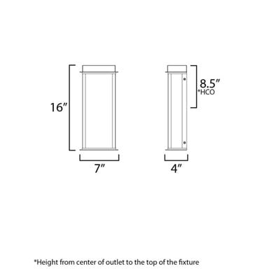 Maxim Lighting 50754BKGLD Rincon LED Outdoor Wall Sconce dimensions diagram showing 16 inch height and 7 inch width