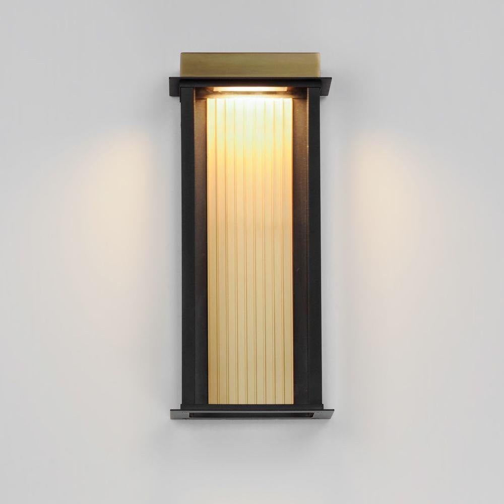 Maxim Lighting 50754BKGLD Rincon LED Outdoor Wall Sconce in Black and Gold finish, front view illuminated