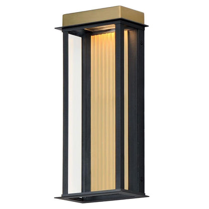 Maxim Lighting 50754BKGLD Rincon LED Outdoor Wall Sconce in Black and Gold finish, angled view illuminated