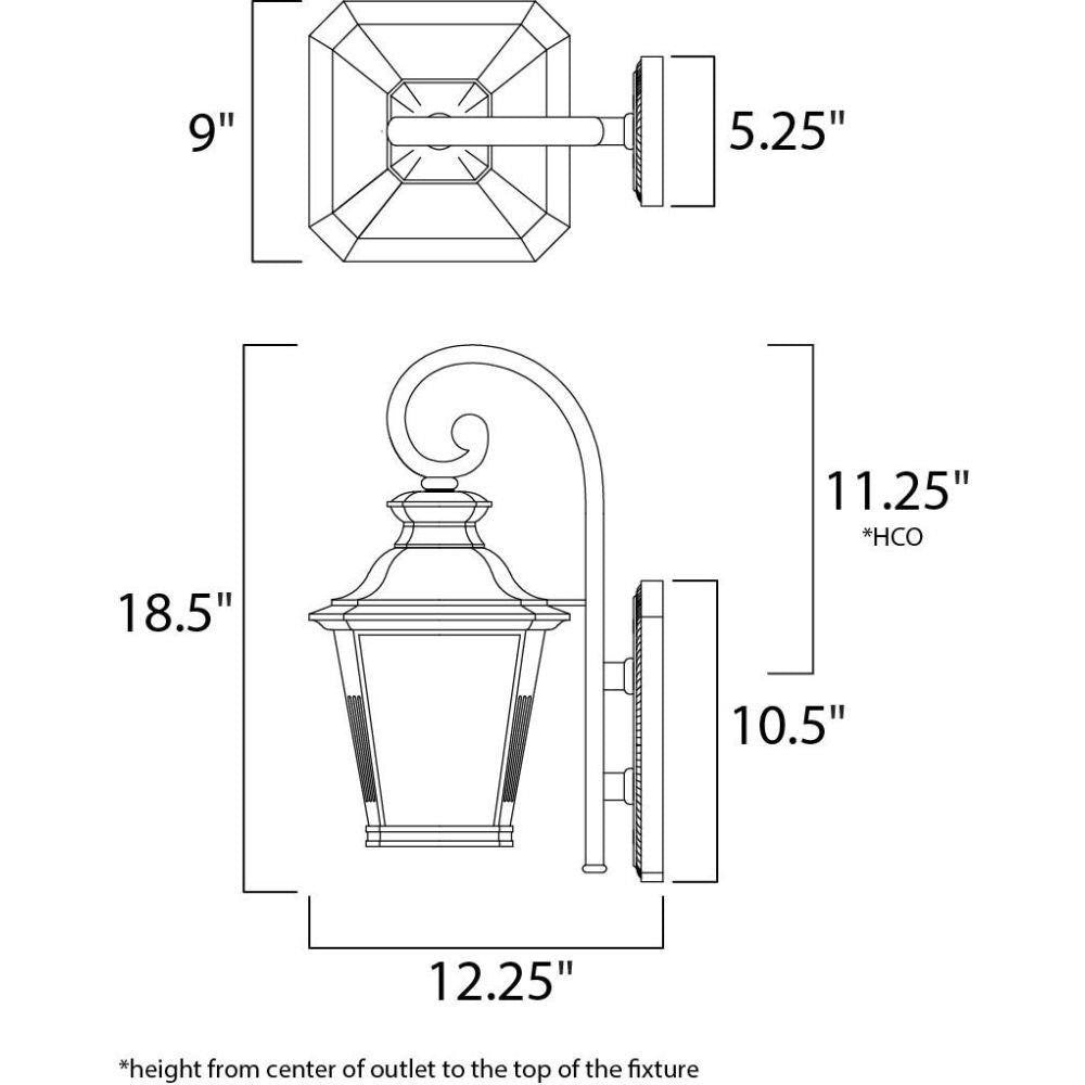 Maxim Lighting 51125FSBZ Knoxville Outdoor Wall Lantern - Dimensions Diagram 18.5 inch Height 12.25 inch Width
