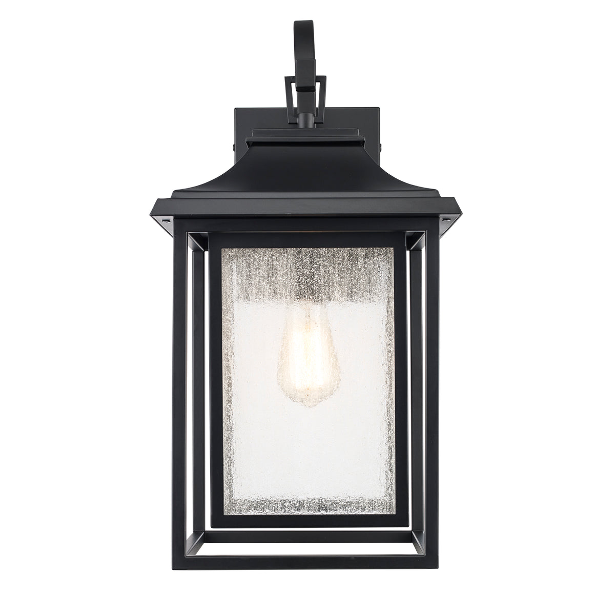 Trans Globe Lighting 51691 BK Bosque black wall lantern front view illuminated