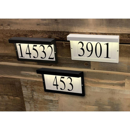 Maxim Lighting 53615WT Address Number Tiles Shown Installed in Address Light Fixtures on Wood Wall