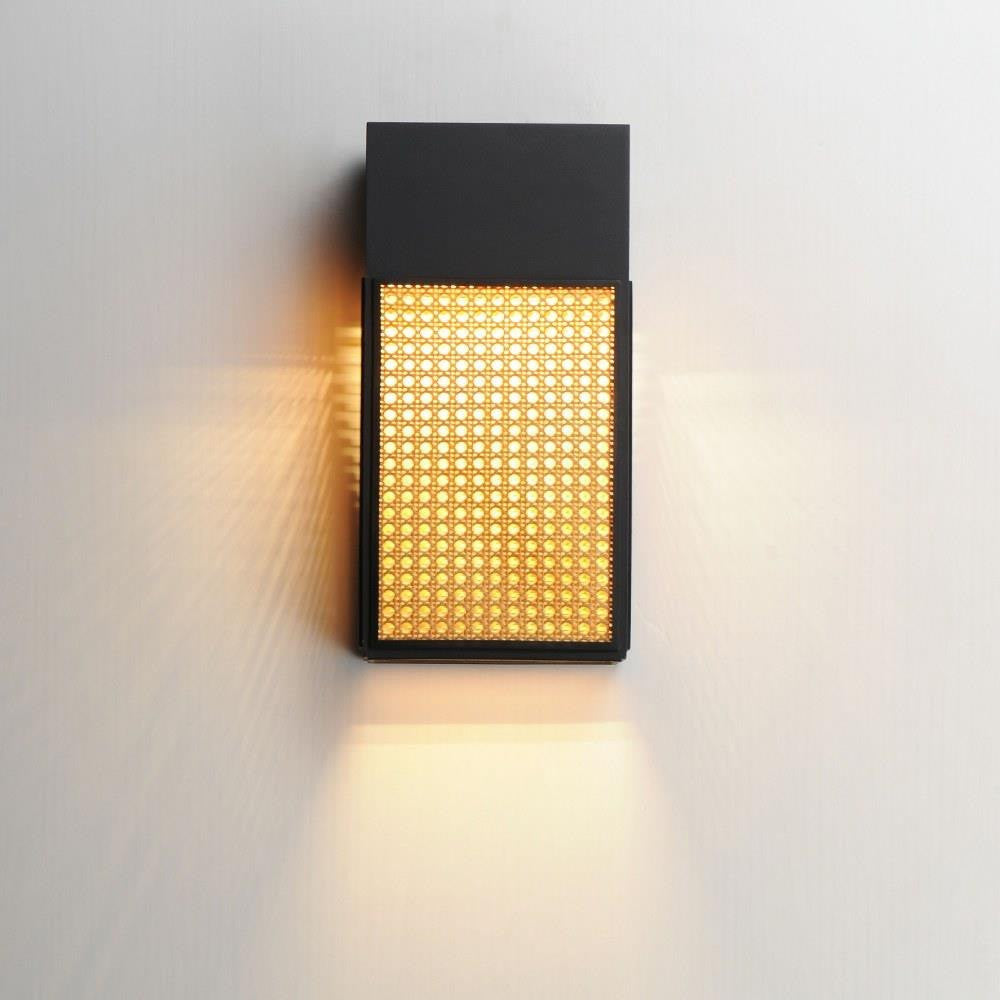 Maxim Lighting 54804RABK Lattice LED Outdoor Wall Sconce illuminated showing warm rattan glow