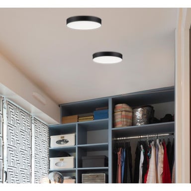 Maxim Lighting 57663WTBK Trim Black LED Flush Mount installed in a walk-in closet