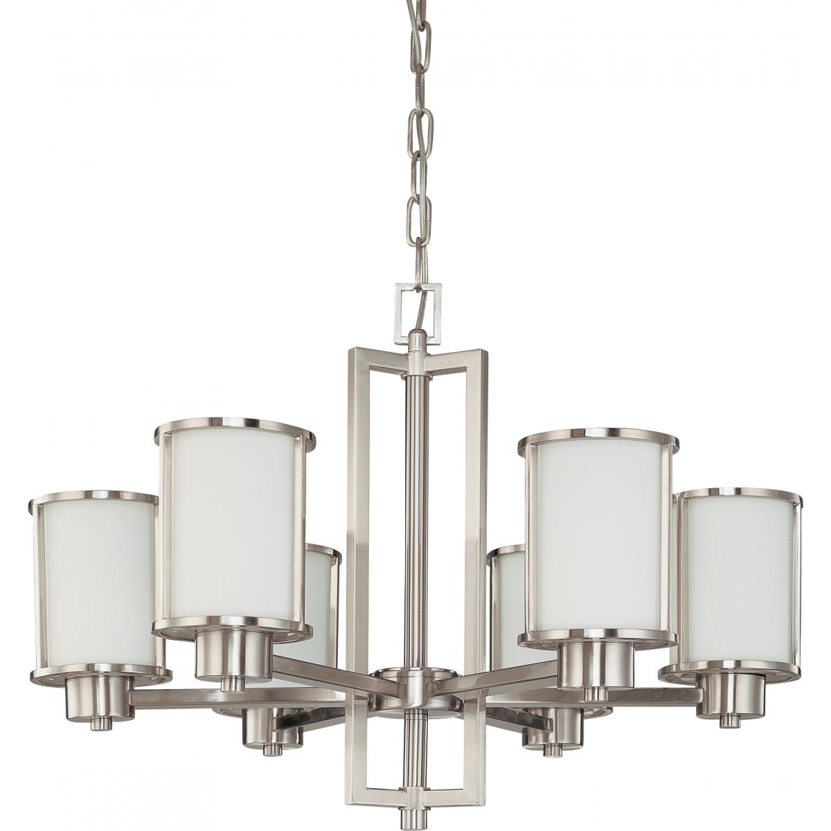 Nuvo 60-2853 Odeon 6 Light Convertible Chandelier - Satin White Glass, Brushed Nickel Finish, 120V, 60W, Up/Down Installation