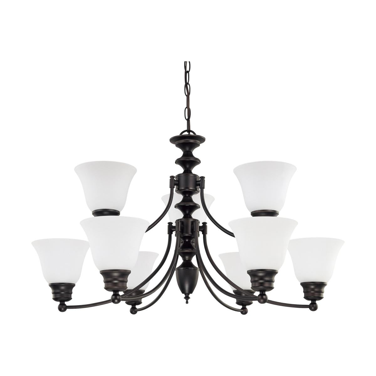 Nuvo 60-3171 Empire - 9 Light 32" Chandelier, Frosted White Glass, Mahogany Bronze Finish, 120V, 60W