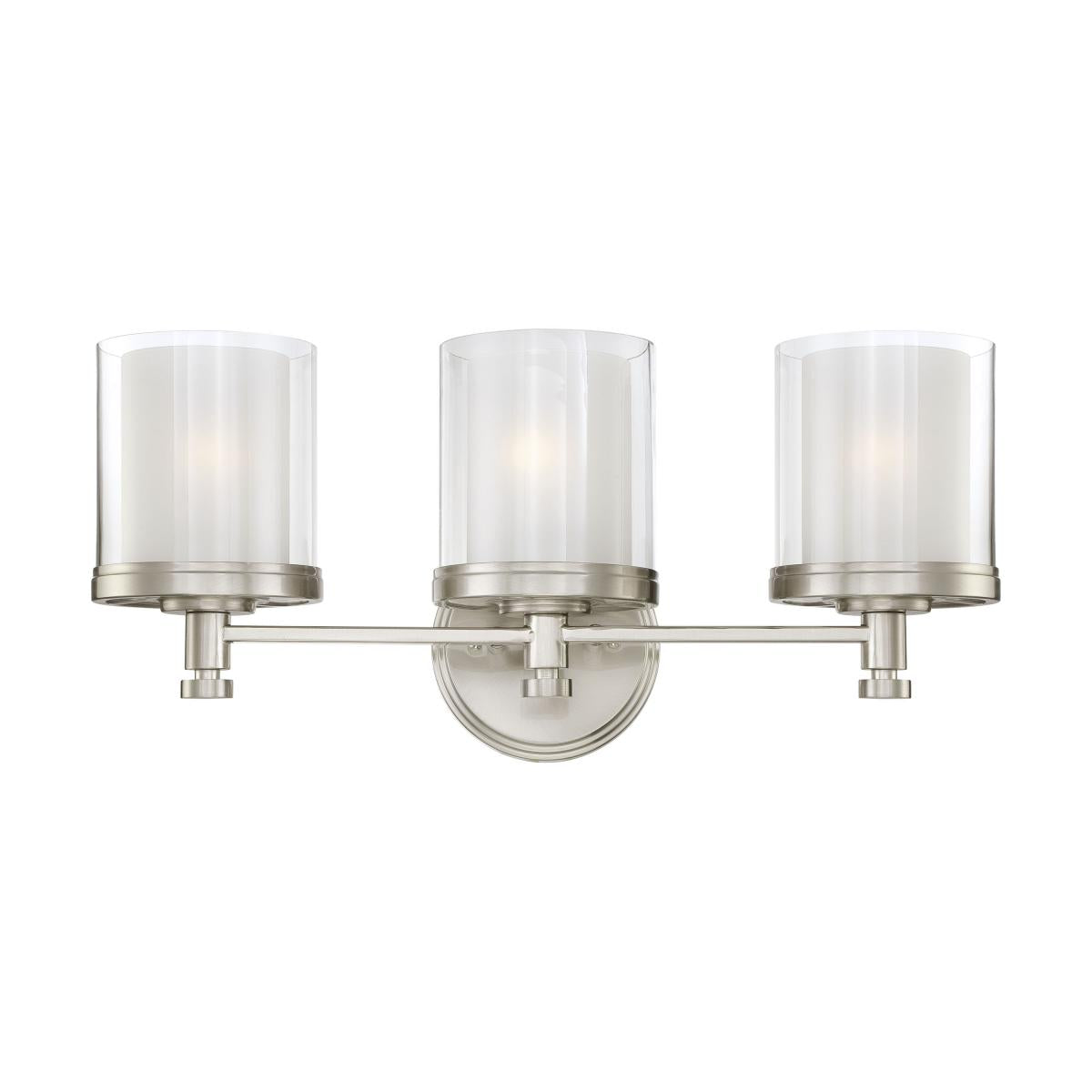 Nuvo 60-4643 Decker 3-Light Vanity Wall Fixture, 100W Max, 120V, Clear & Frosted Glass, Brushed Nickel Finish