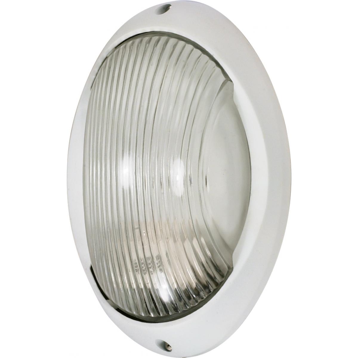 Nuvo 60-526 11" 1-Light Large Oval Bulkhead, Clear Ribbed Glass, Semi-Gloss White Finish, 60W Max, Wet Rated