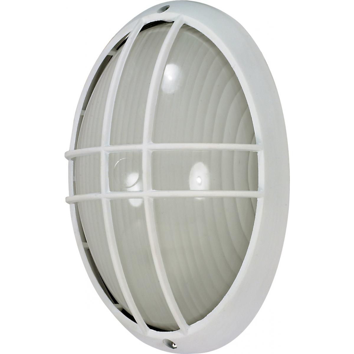 Nuvo 60-528 13" 1-Light Large Oval Cage Bulkhead, Clear Ribbed Glass, Semi-Gloss White Finish, 60W Max, Wet Rated