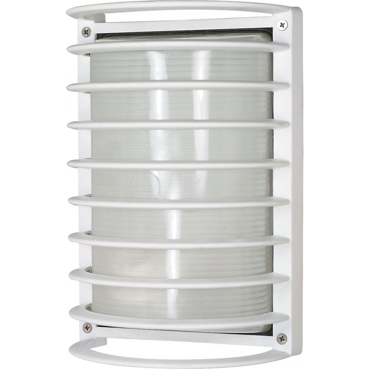 Nuvo 60-532 10" Rectangle Cage Bulkhead Light - Semi Gloss White Finish - 1 Lamp - Clear Ribbed Glass - 60W Max - Wet Rated