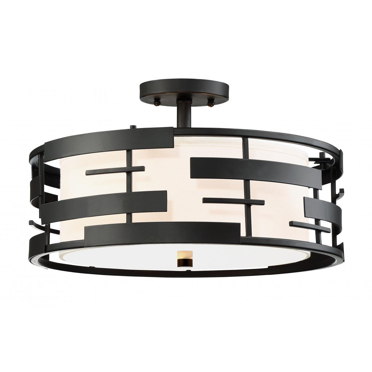 Nuvo 60-6436 Lansing 3-Light Semi Flush Mount - Midnight Bronze with White Fabric Shade & Opal Diffuser, 100W Max, 120V, Dry Location Rated