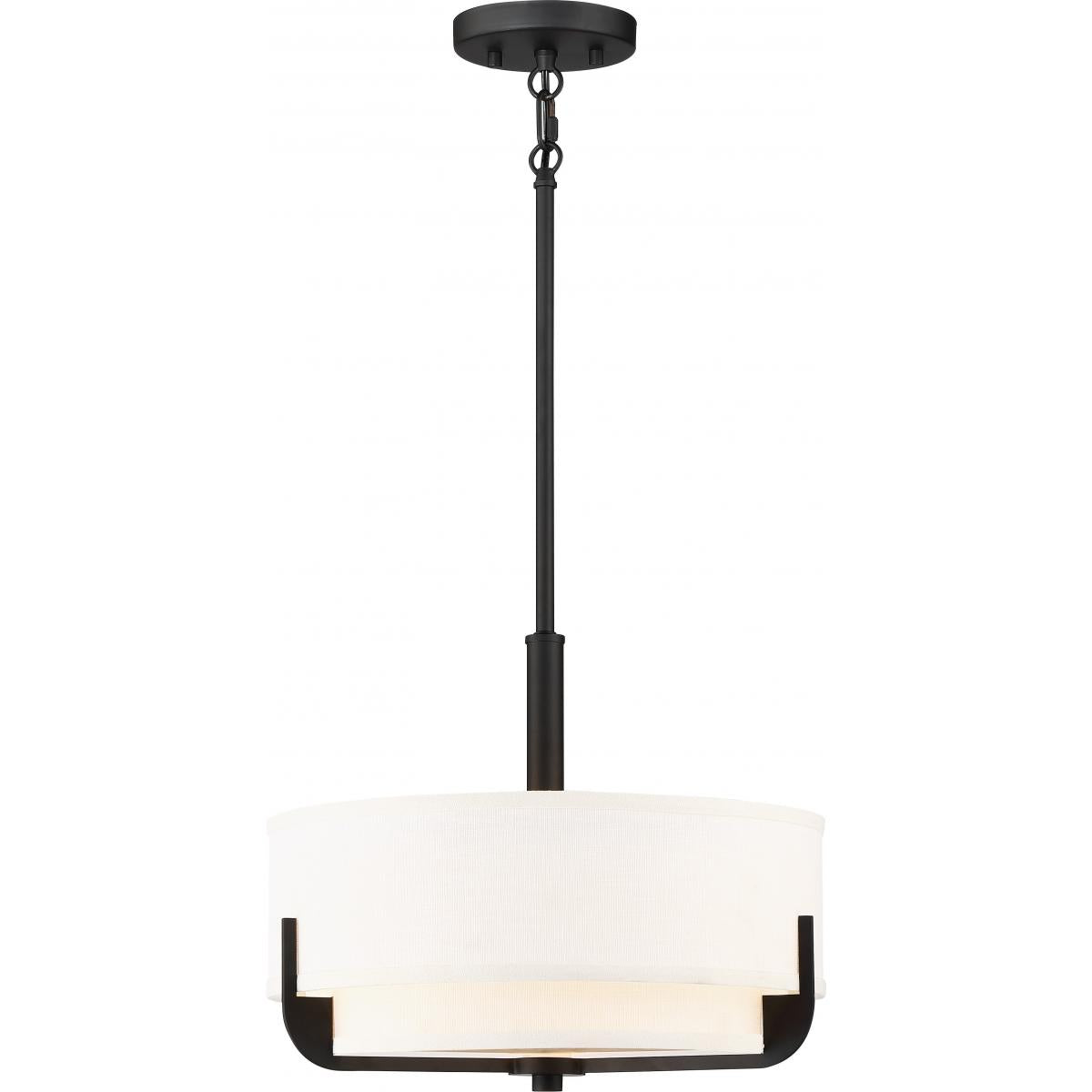 Nuvo 60-6543 Frankie 3-Light Pendant - Cream Fabric Shade & Frosted Diffuser, Aged Bronze Finish, 100W Max, 120V, Dry Location Rated