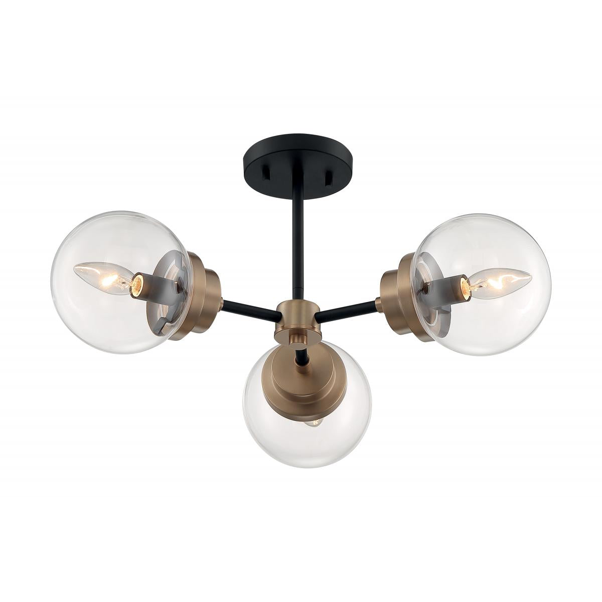 Nuvo 60-7123 Axis 3 Light Semi-Flush with Clear Glass – Matte Black and Brass Accents Finish, 60W Max, 120V