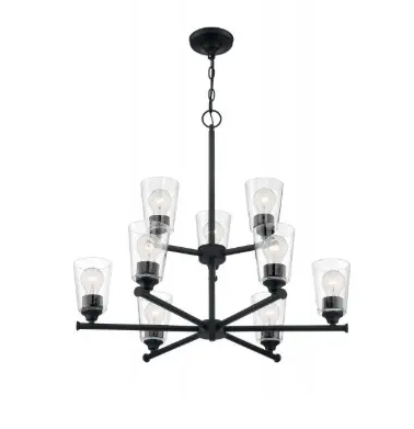 Nuvo 60-7289 Bransel Series Chandelier w/ Clear Seeded Glass, 9 Lights, Wattage 60W, Matte Black