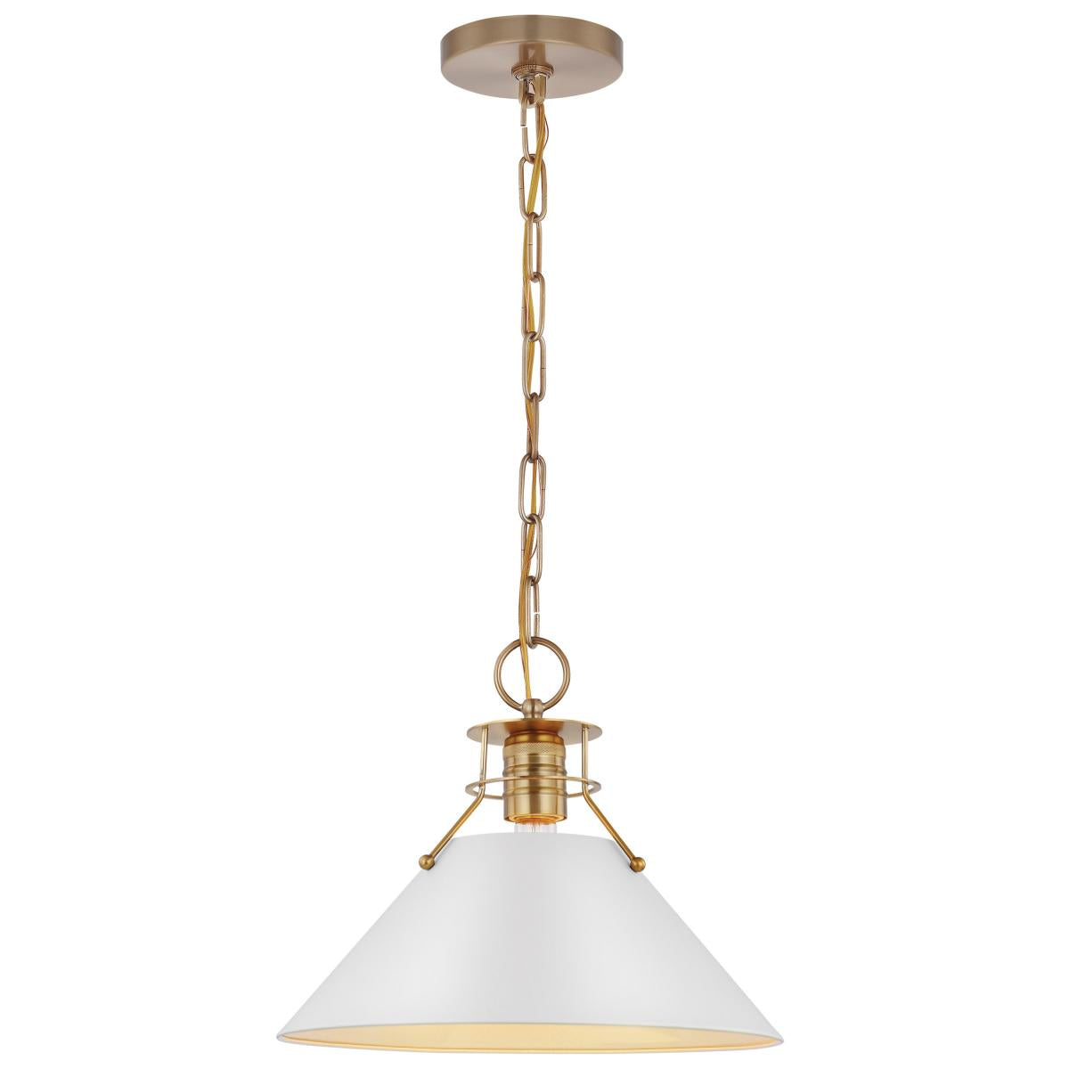 Nuvo 60-7524 Outpost 1 Light Medium Pendant – Matte White with Burnished Brass, 60W Max, 120V, cULus Listed