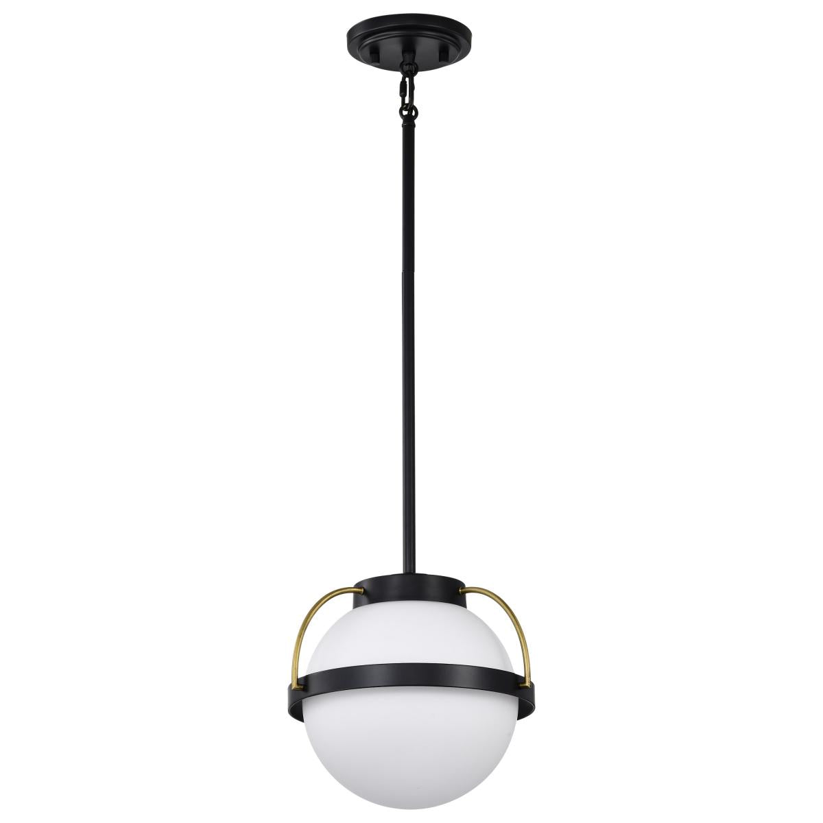 Nuvo 60-7773 Lakeshore 1 Light Small Pendant – Matte Black & Natural Brass Finish with White Opal Glass, 60W Max, 120V, cULus Listed