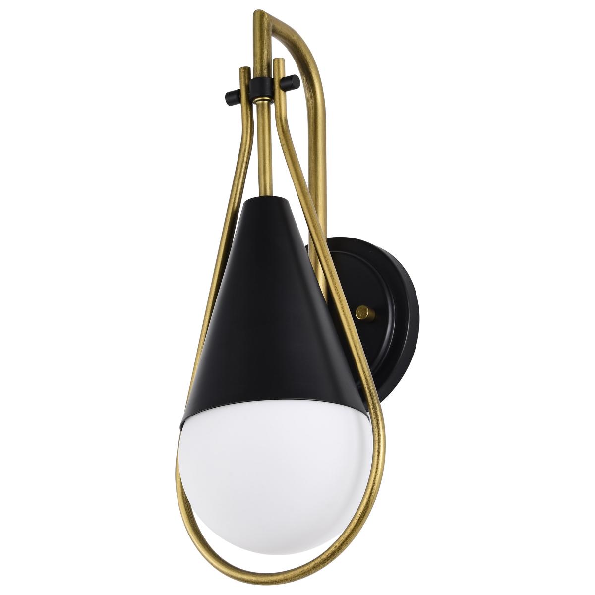 Nuvo 60-7901 Admiral 1-Light Wall Sconce, Matte Black & Natural Brass, White Opal Glass, 6.5"W, 60W, 120V, Damp Rated