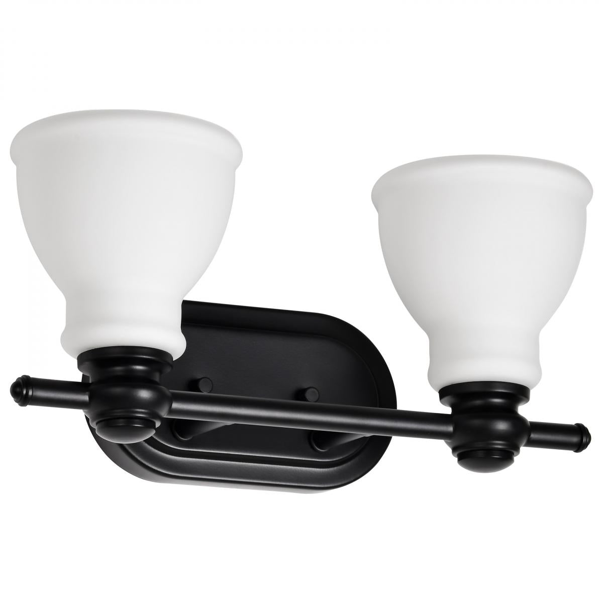 Nuvo 60-8022 Russel 2 Light Vanity – Matte Black Finish with Satin White Glass, 60W Max, 120V, cETLus Listed