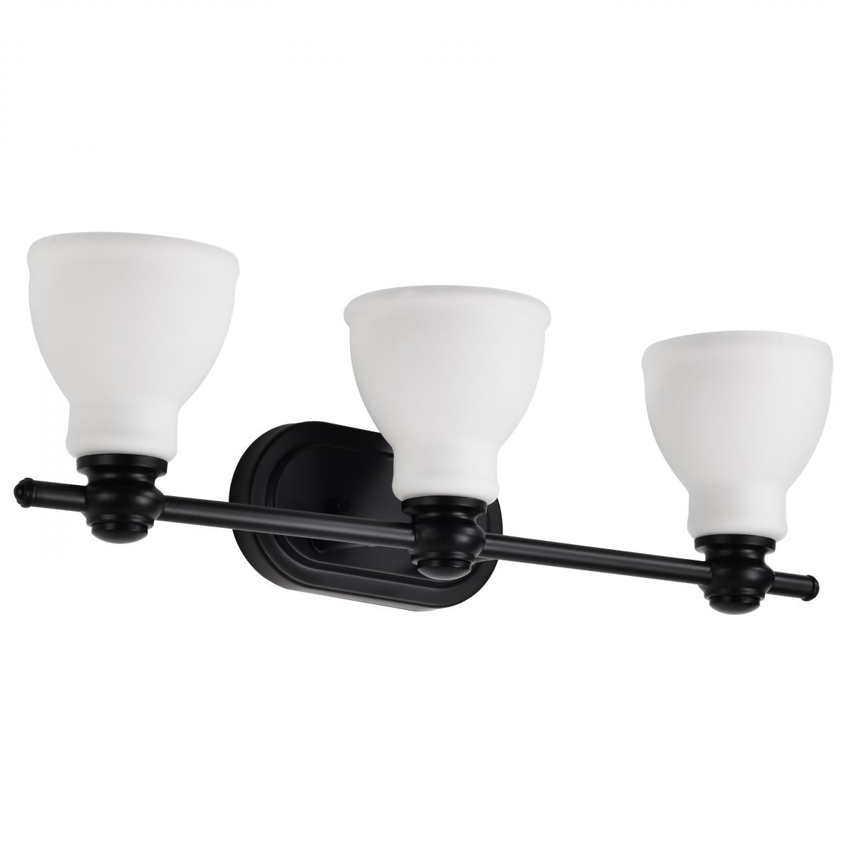 Nuvo 60-8023 Russel 3 Light Vanity – Matte Black Finish with Satin White Glass, 60W Max, 120V, cETLus Listed