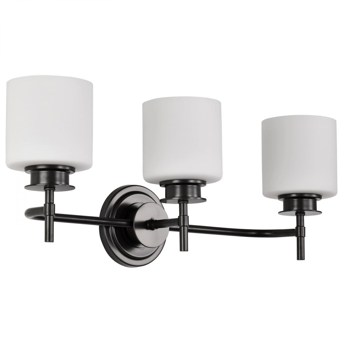 Nuvo 60-8033 Warren 3-Light Vanity, Gun Metal, Satin White Glass, 5", 60W, 120V, Damp Rated