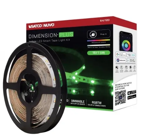 Nuvo 64-120 16-ft Dimension Plus Tape Light, Wattage 12W, Lumens 1120 lm, Voltage 24V, Color Temperature 2700K, RGB