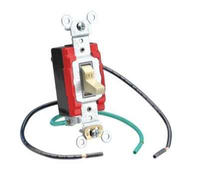 Leviton 1243-I Toggle Switch with Wire Lead, 20A, Single-Pole, Quiet Switch, Heavy Duty Spec Grade, Grounding, Ivory