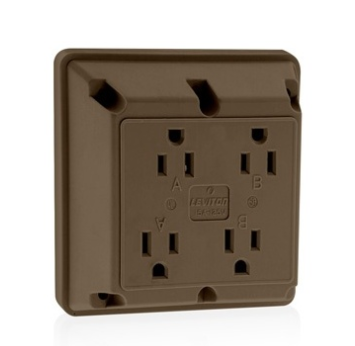 Leviton 1254 4-in-1 Quadruplex 2-Pole 3-Wire Receptacle Outlet, Heavy-Duty Industrial Grade, 15A, 125V, Side Wire, NEMA 5-15R, Brown