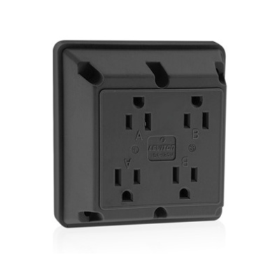 Leviton 1254-E 4-in-1 Quadruplex 2-Pole 3-Wire Receptacle Outlet, Heavy-Duty Industrial Grade, 15A, 125V, Side Wire, NEMA 5-15R, Black