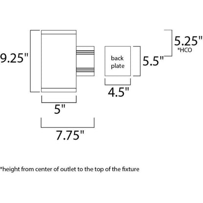 Maxim Lighting 6101AL Lightray Outdoor Wall Sconce dimension diagram showing 9.25 inch height, 5 inch width, 7.75 inch depth